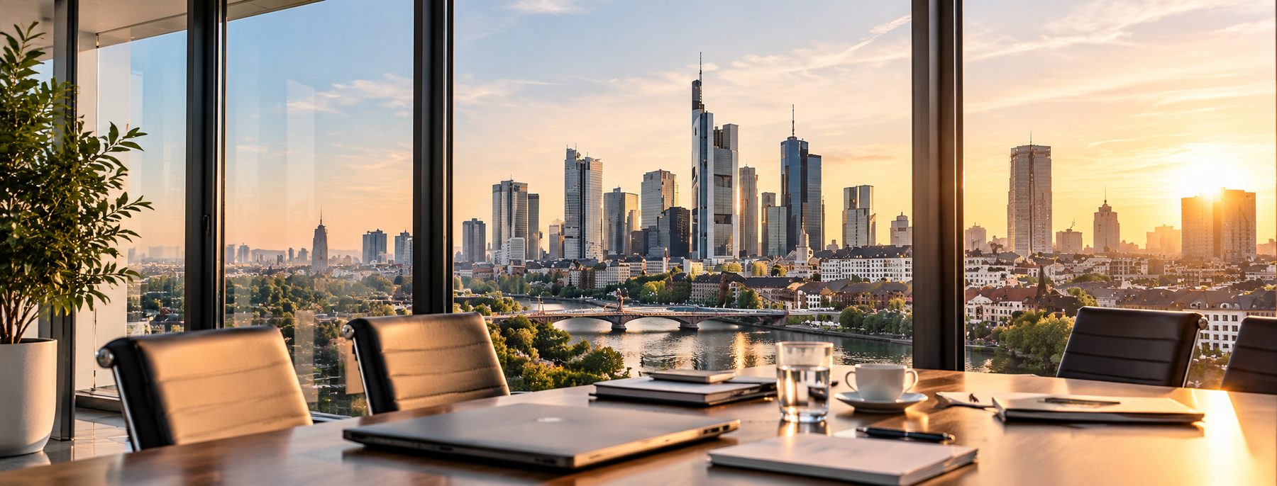 Besprechungstisch in einem Büro mit Blick auf die Frankfurter Skyline bei Sonnenuntergang