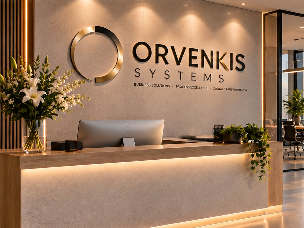 Empfangsbereich eines modernen Büros mit Schriftzug ORVENKIS Systems