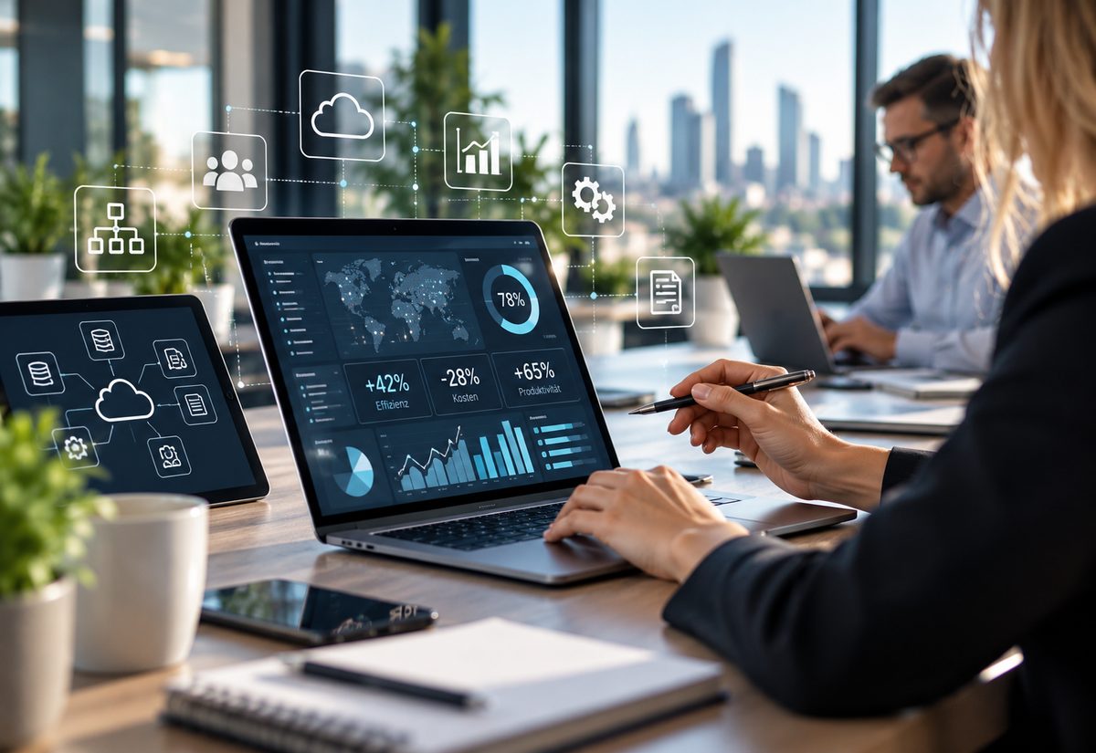 Dashboard mit Kennzahlen auf einem Laptop, im Hintergrund Cloud- und Systemsymbole