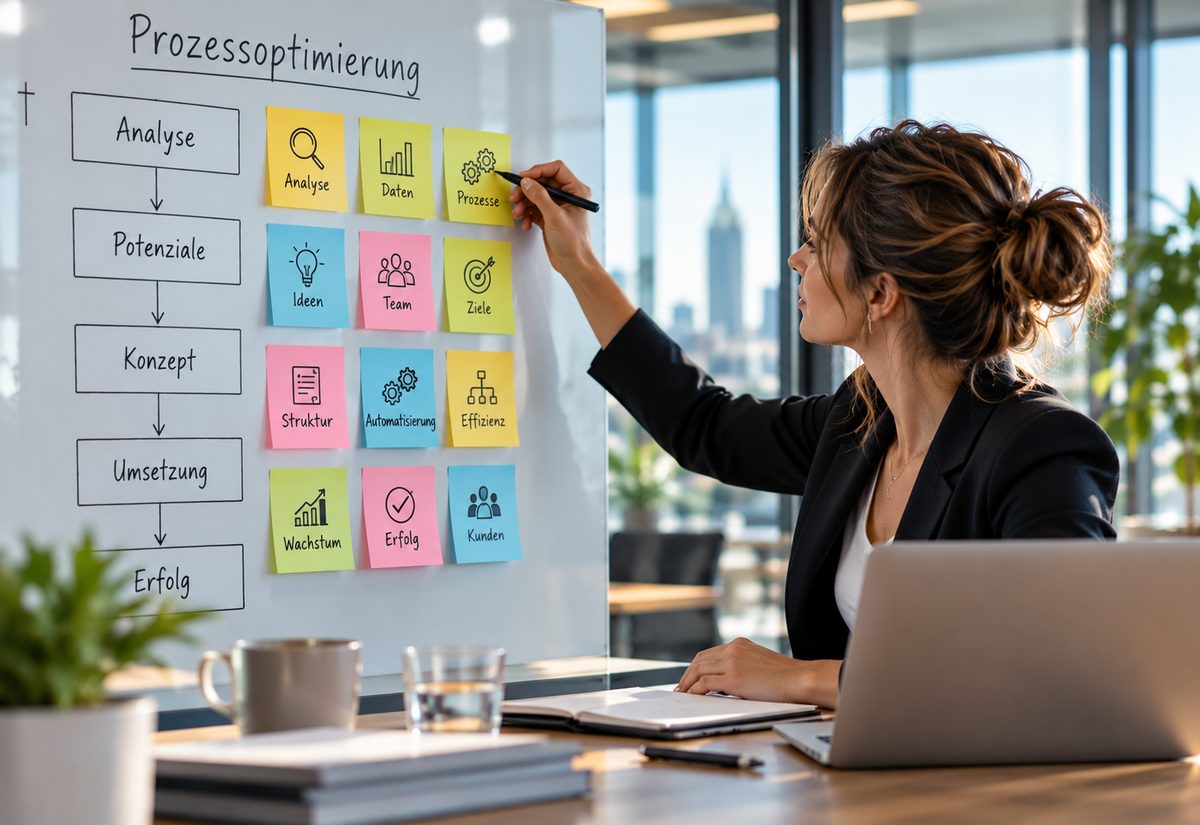 Prozessworkshop mit Whiteboard und Klebezetteln zu Analyse, Konzept und Umsetzung