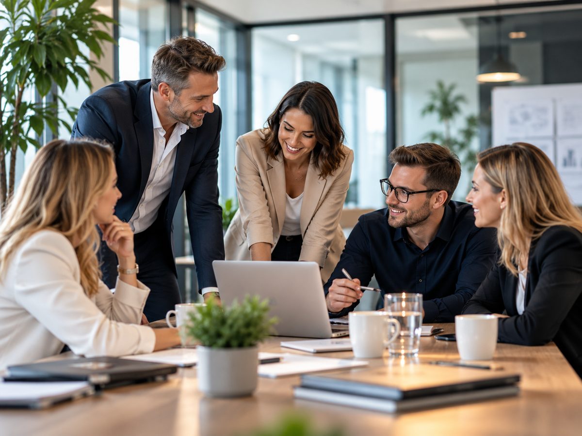 Beraterteam im Gespräch am Laptop in einem modernen Büro